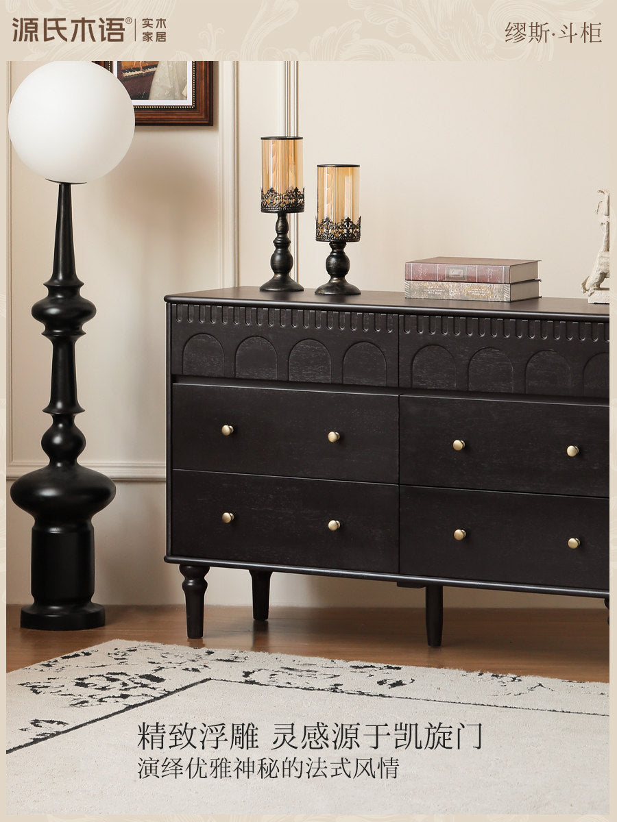Solid wood French vintage chest of drawers, black storage cabinet, bedroom bedside hexagonal cabinet
